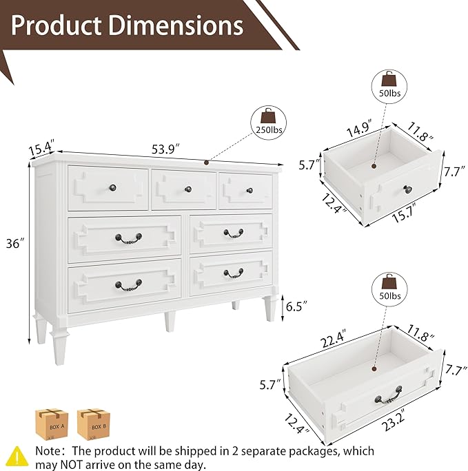 7 Drawer Dresser for Bedroom, 36" Tall Dresser & Chest of Drawers wtih Vintage Surface, Closet Storage Cabinet for Living Room, Hallway, White