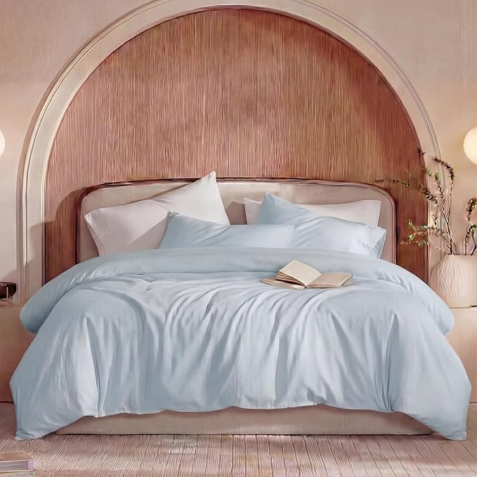 100% Washed Cotton Duvet Cover Queen Size – Light Blue, Linen-Like Texture, Super Soft & Breathable Bedding Set, 3-Piece Durable Percale Comforter Cover