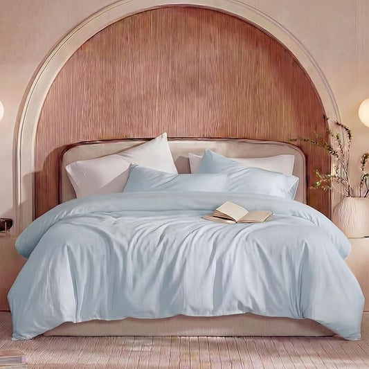 100% Washed Cotton Duvet Cover Queen Size – Light Blue, Linen-Like Texture, Super Soft & Breathable Bedding Set, 3-Piece Durable Percale Comforter Cover