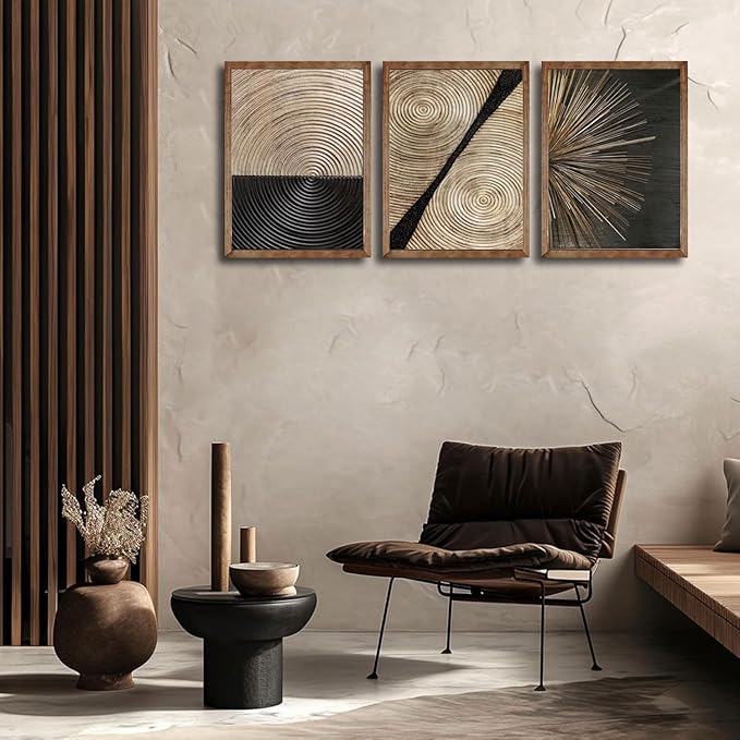 3Pcs Retro Wood grain Abstract Canvas Wall Art Minimalist Black Golden Line Texture Wall Decor Pictures Neutral Geometric Beige Brown Poster Prints for Living Room Bedroom Home Decoration 12x16in