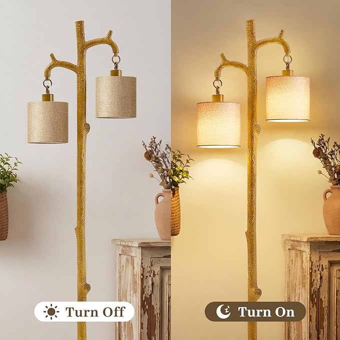 EJIAXIN Farmhouse Floor Lamp for Living Room - 69" Rustic Tree Trunk Standing Lamps - Country Resin Tall Lamp with 2 Reading Light - Tree Floor Lamp for Bedroom Office Home Decor (Ginger)