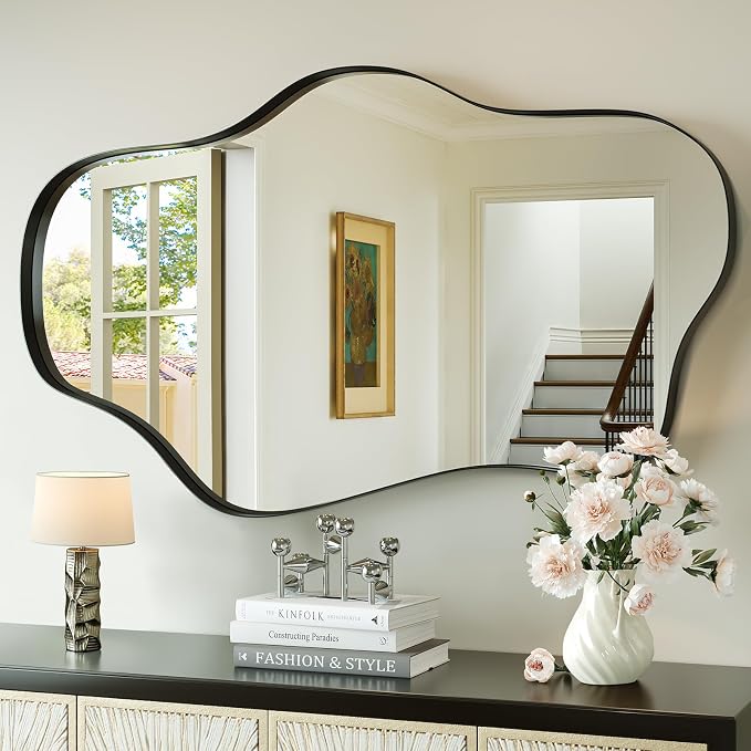 Black Irregular Wall Mirror, 24” x 40” Asymmetrical Wall Mirror with Metal Frame, Black Large Wavy Decorative Mirrors for Bathroom, Entryways, Living Room, Vanity