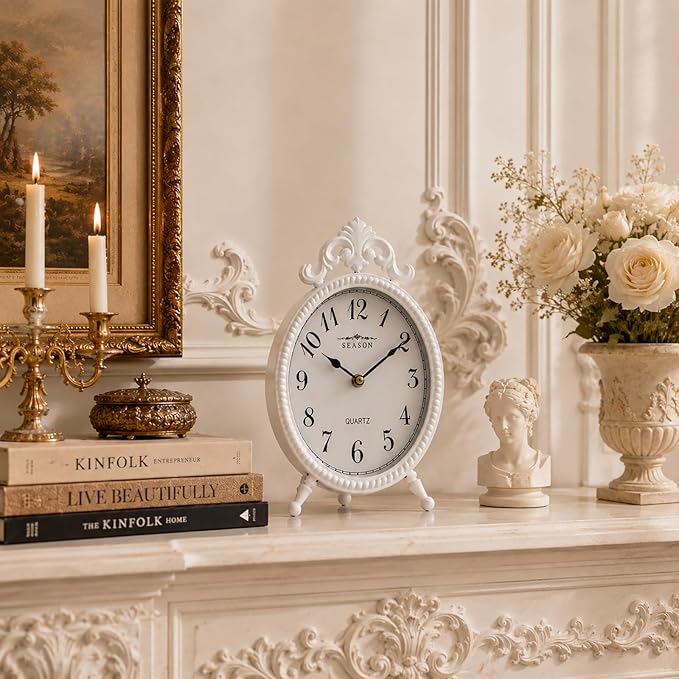 Battery Operated French Vintage Table Clock, 10.8" Small European Shabby Chic Mantel Clock with Ornate Scrollwork, Retro Desk Clock Quartz Silent Non-Ticking for Living Room, Bedside, Fireplace Decor
