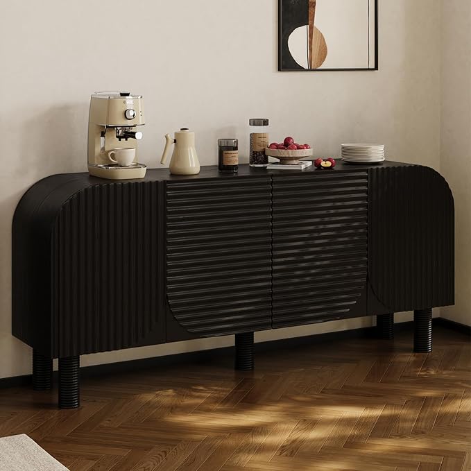 Rophefx 71" Curved Sideboard Cabinet, Large Buffet Sideboard Cabinet with Arched Textured Doors, 4 Doors Credenza with Anti-Tip Device Storage Cabinet for Kitchen, Living Room, Entryway (Black)