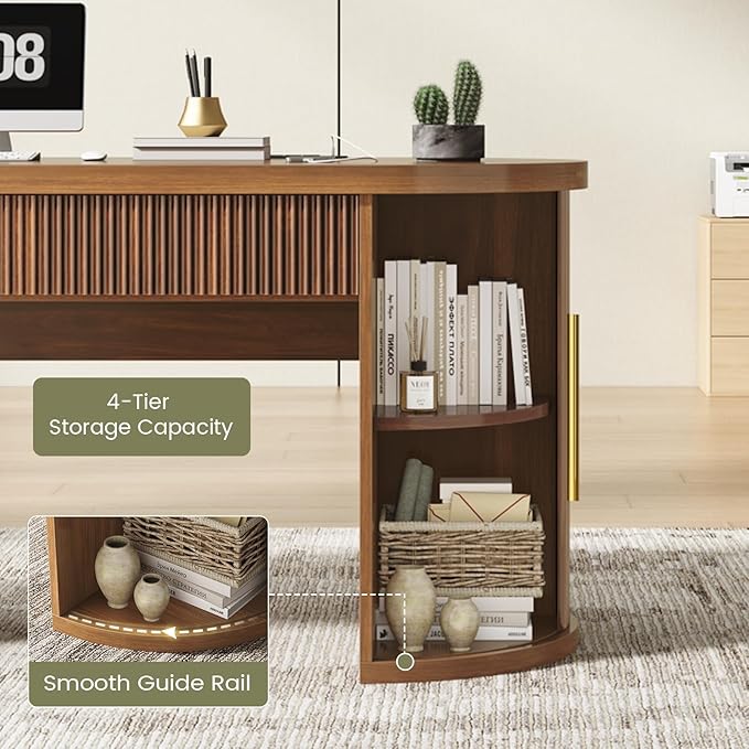 SEDETA Office Desk with 2 Drawers, 58.3" x 21.7" Fluted Long Computer Desk with 2 Sliding Doors Storage and Power Strip, Wood Executive Desk for Home Office, Living Room, Bedroom, Brown