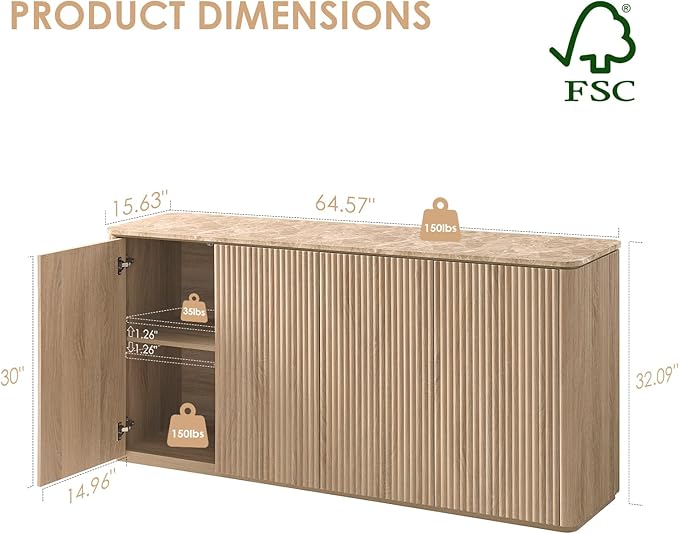 Fluted 4 Doors Sideboard Cabinet with Storage, 64" Wooden Credenza with Shelves, Faux Marble-Top Coffee Bar Console Table, Modern Buffet Cabinet for Dining, Kitchen, Living Room, Entryway, Natural Oak