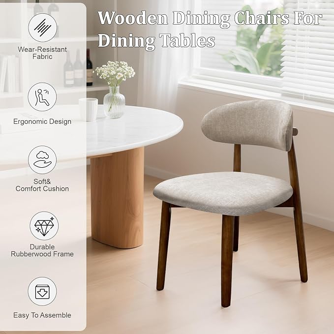 Farmhouse Dining Chairs Set of 8, Mid Century Modern Fabric Upholstered Kitchen Chairs, Wooden Dining Room Chair with Curved Back for Kitchen Dining Room Restaurant Cafe, Warm Gray (Only Chairs)