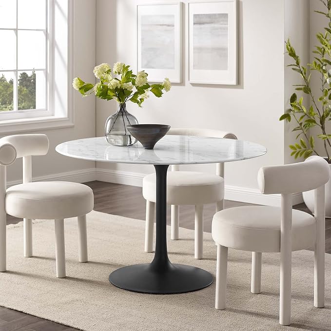 Modway Lippa 47" Round Artificial Marble Dining Table, Top, Black Base