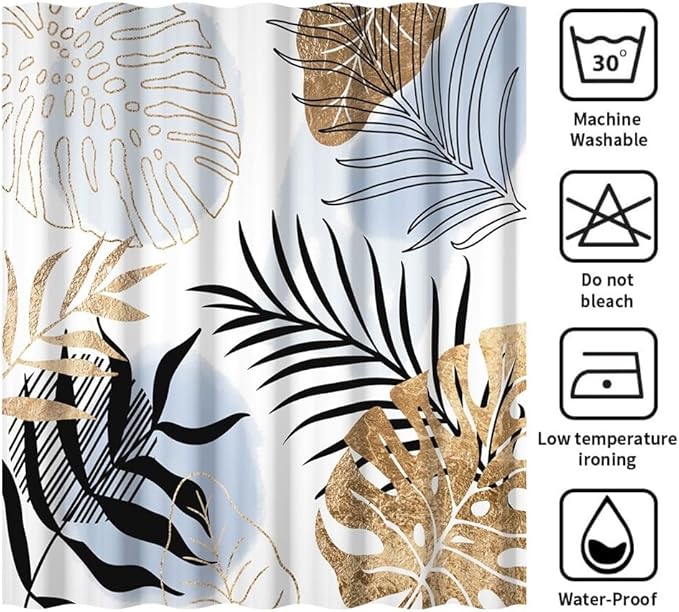 Modern Boho Shower Curtain Blue Gold Palm Leaves Abstract Aesthetic Bathroom Decor Gorgeous Watercolor Botanical Theme Bohemian Bath Curtains Washable Waterproof Polyester Fabric with Hooks 69x70 Inch