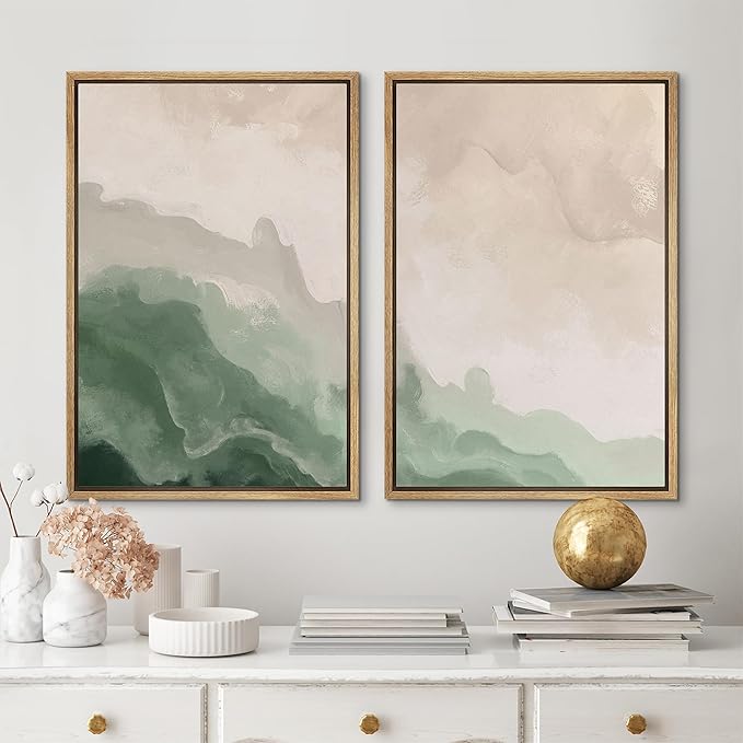 MUDECOR Framed Canvas Print Wall Art Soft Green and Beige Abstract Calming Watercolor Landscape Illustrations Modern Art Decorative Bohemian Chic for Living Room, Bedroom, Office - 24"x36"x2 Natural