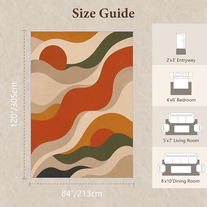 Burnt Orange Abstract Area Rug 7x10, Mid Century Modern Wave Rug, Retro Wavy Geometric Washable Low Pile Non Slip Rug for Living Room Bedroom