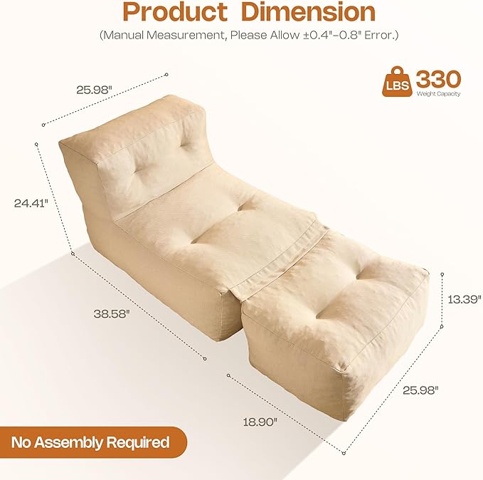 Outdoor Indoor Bean Bag Chair with Ottoman, 2-in-1 Lounge Beanbag with Foam Filling, Waterproof Outdoor Bean Bag & Full-Body Support for Patio Deck Poolside Backyard, Beige