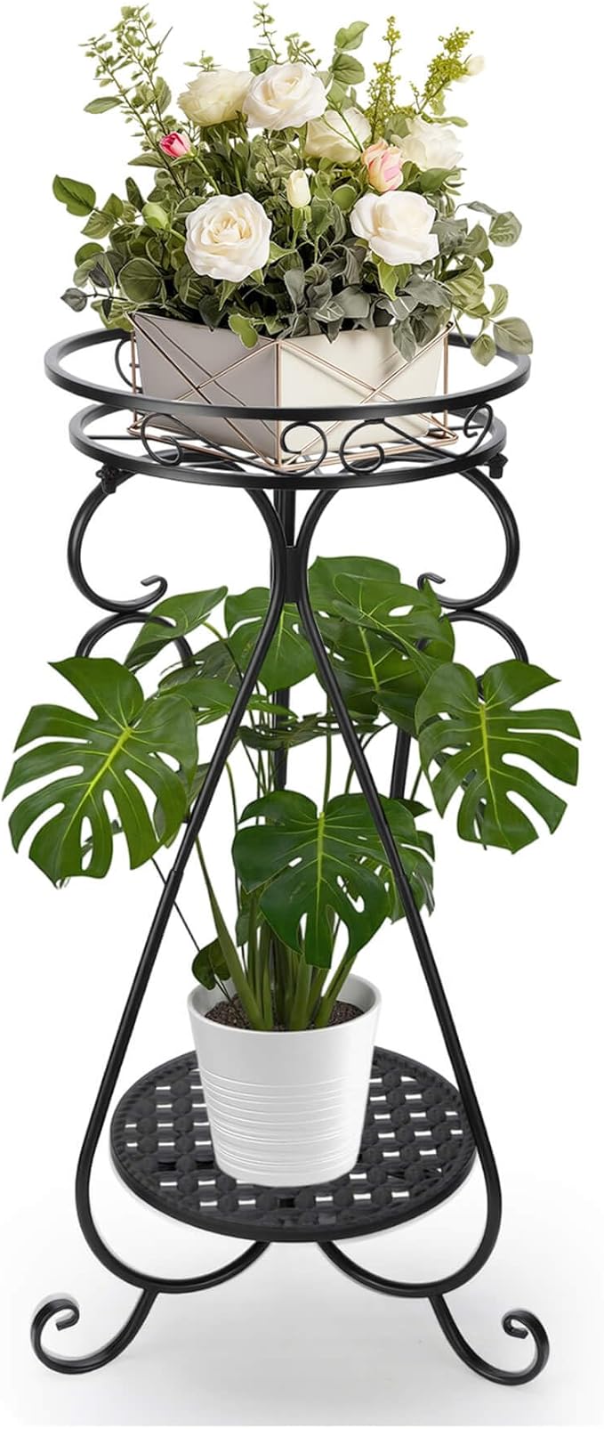 Metal Corner Plant Stand Indoor - 2 Tier Tall Potted Flower Pot Stand Outdoor Multiple Tiered Rustproof Iron Holder Heavy Duty Plant Rack Round Suport Shelf for Balcony Garden Patio Enterway