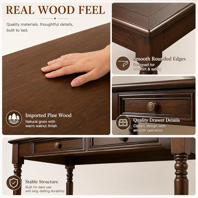Solid Wood Desk with Drawers, Walnut Writing Desks, Small Computer Desk for Small Spaces, Gaming Study Home Office Desks for Work, Student PC Desk for Bedroom, Escritorios para Cuartos
