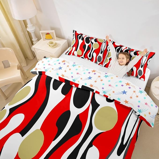 Erosebridal Mid Century Modern Abstract Duvet Cover Set Vintage Geometric Queen Bedding Set for Children Boys Contemporary Organic Shapes Comforter Cover Squiggle Blob Bed Sets,Red Beige
