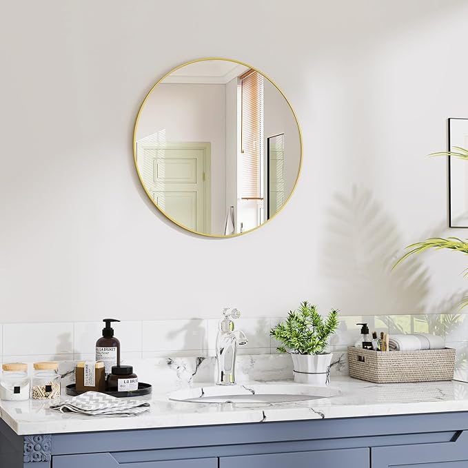 VooBang Gold Round Bathroom Mirror, 20 inch Circle Wall Mounted Hanging Mirror with Simple Modern Circular Metal Frame for Hallway, Entryway, Living Room, Gold Frame