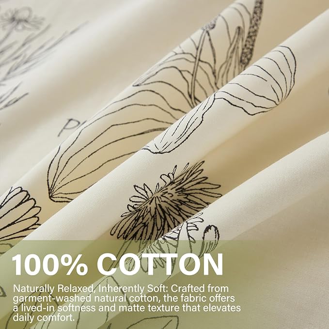 Cozeline 100% Cotton Duvet Cover Queen Size, Vintage Design with Luxrious Black Sketched Flowers & Leaves on Cream, 3 Pcs Breathable and Soft Duvet Cover for All Season
