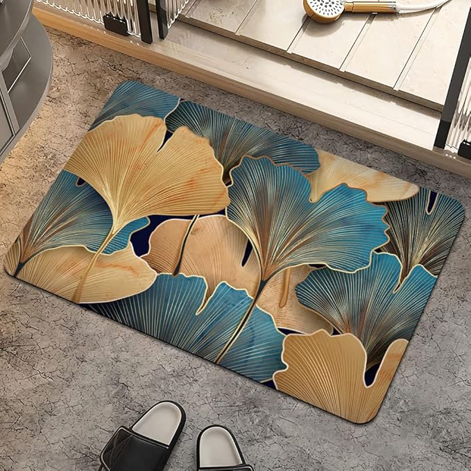Bath Mat Rug,Gold Ginkgo Leaf Non Slip Quick Dry Super Absorbent Thin Bathroom Rugs Fit Under Door-Easy to Clean Bathroom Floor Mats-Shower Rug for Shower Sink Bathtub(20" x 31"in)