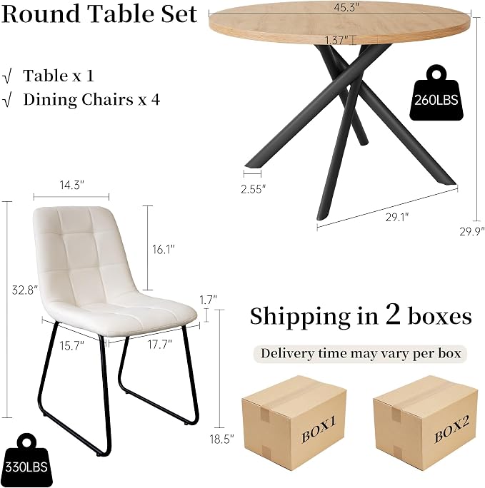 HIPIHOM 45.3 Inch Round Dining Table Set for 4, Mid Century Modern Small Kitchen Coffee Set for Dining Room Kitchen Apartment (Oak Table + 4 U-Shaped White Chairs)