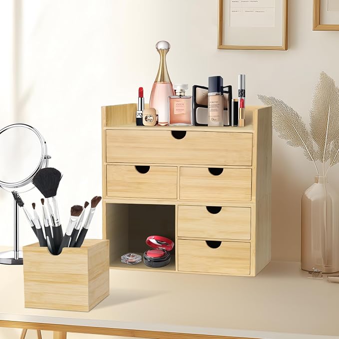Bamboo Desk Organizer, Desktop Organizer with 3 Drawer, Tabletop Storage Organization Box for Bills, Countertop, Home Office Supplies