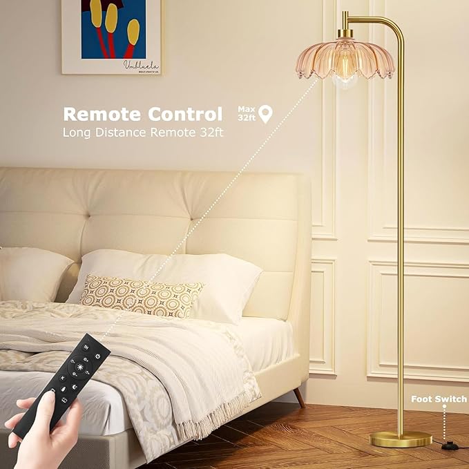 Gold Floor Lamp for Living Room,Bedroom,Mid Century Modern Standing Lamp with Remote,Dimmable Brass Tall Lamp Glass Lamp Vintage Retro Arc Floor Lamps Flower Floor Light Boho Bohemian
