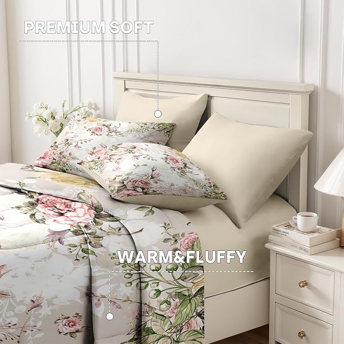 Nesker 7 Pcs Comforter Set Full Size, Vintage Flower Summer Bedding Set for Kids and Adults, Rose Floral Shabby Chic Bed Sheet Sets with Fitted Sheet 2 Pillowcases & 2 Shams