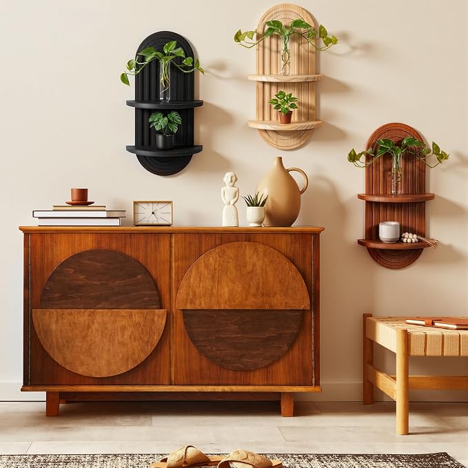 Pinkunn 3 Pcs Boho Wall Decor Floating Plant Wall Shelf Modern Mid Century Decor Hanging Natural Wood Planter Holder for Home Bathroom Bedroom Living Room Office Holding Planter 15.75 x 6.69 Inches