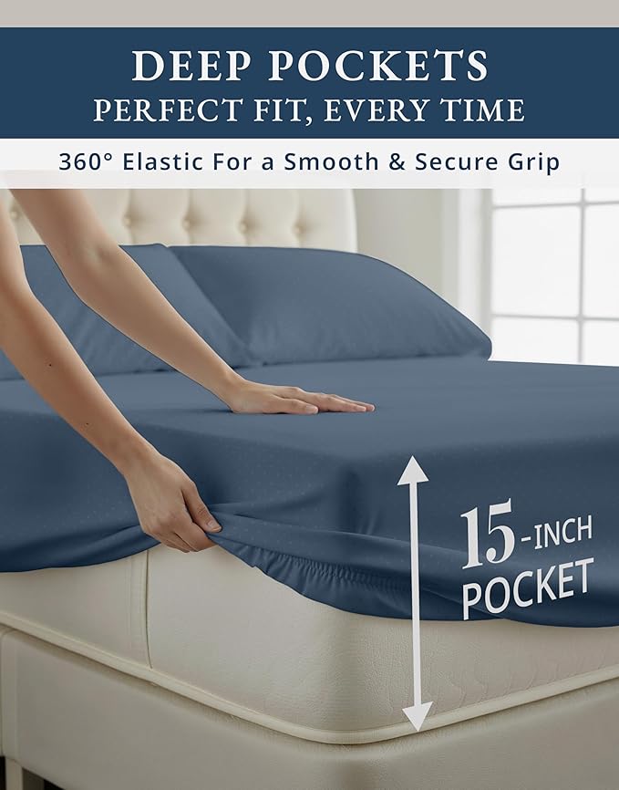 LANE LINEN 100% Egyptian Cotton Queen Sheet Set, 15 inch Deep Pocket, French Reinforced Pocket Seams for Soft, Comfy & Fresh Bed Eco Friendly Cooling Sheets Queen - Swiss Dot Estate Blue
