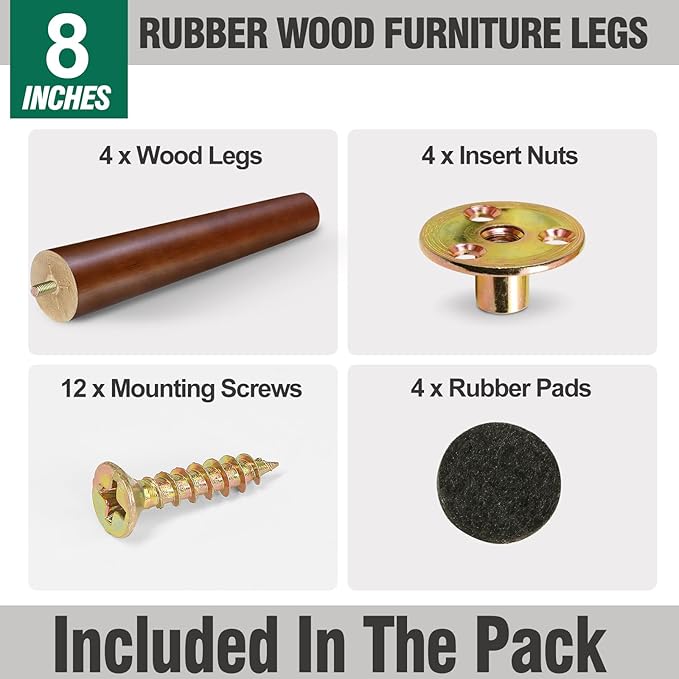 FoDau770 Brown Rubber Wood Furniture Legs 8 Inches, Straight Tapered Wood Feet Mid Century Sofa Legs Set of 4, 5/16" UNC Furniture Feet for Cabinet Couch Dresser Chair Ottoman Table