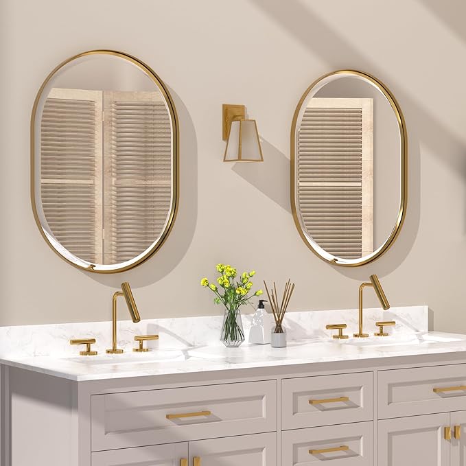 POZINO Oval Mirror Over Sink, Brushed Gold Beveled Bathroom Mirror, 22"x30" Vanity Wall Mirrors with Stainless Steel Frame, Brass Modern Rounded Mirrors for Bedroom Living Room Entryway