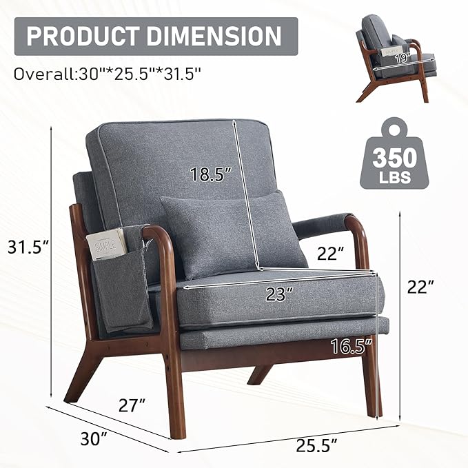 ANJ Mid Century Modern Accent Chair, Lounge Reading Armchair with Extra Side Pocket & Detachable Cushion, Comfy Fabric Accent Chairs for Living Room, Bedroom,Grey