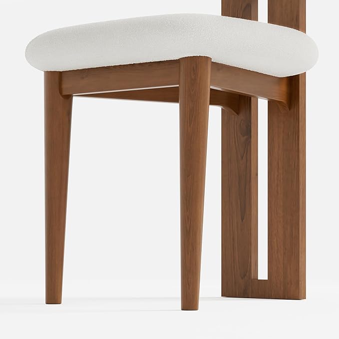 Upholstered Kitchen & Dining Room Table Chairs Set of 2, Solid Wood Walnut Mid Century Dining Chairs with Boucle Upholstery, Cylindrical Backrest for Vanity, Living Room, Office, White & Walnut