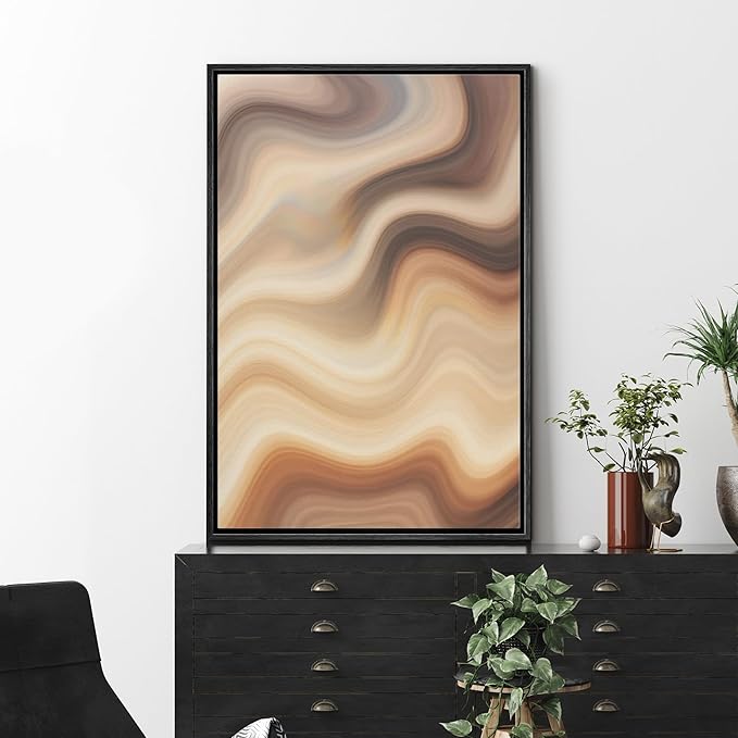MUDECOR Framed Canvas Print Wall Art Soft Beige Marble Flow Abstract Neutral Wave Illustrations Fine Art Decorative Zen Multicolor Country/Farmhouse Retro for Bedroom - 24"x36" BLACK