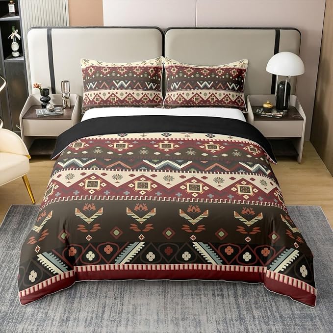 100 Percent Cotton Rustic Duvet Cover King Southwestern Bedding Set Aztec Tribal Native American Comforter Cover Red Green Abstract Geometric Tribal Bedroom Decor Ethnic Grid Lattice Quilt Cover