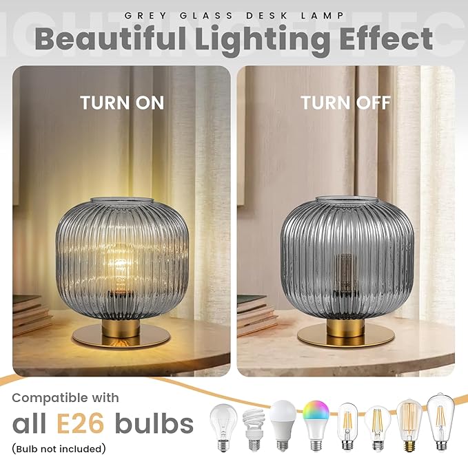 Gray Table Lamps for Bedroom Set of 2, Mid Century Gold Table Lamp with Smoke Glass Shade, Ribbed Desk Lamp Decorative Side Table Lamps for Living Room Office Corner Shelf