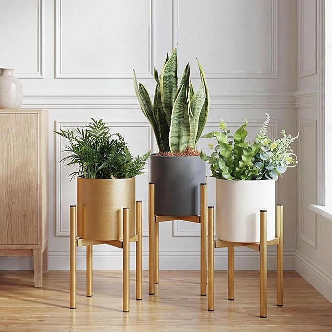 Gold Metal Plant Pot with Drainage Hole,7 Inch Mid Century Modern Small Pot Indoor Outdoor Planters for Succulents, Flowers & Home Decor Gift Window Living Room Bedroom