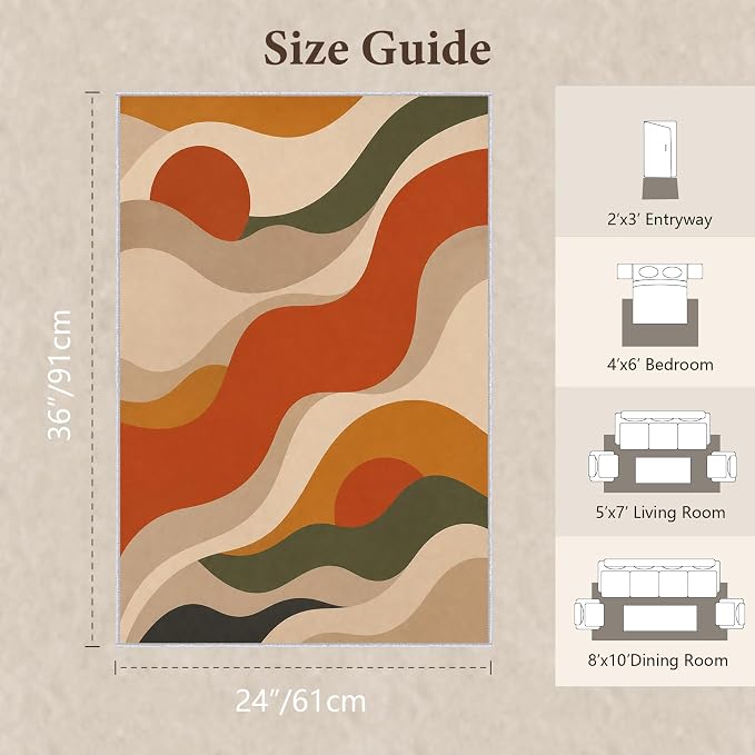 Burnt Orange Abstract Area Rug 2x3, Mid Century Modern Wave Rug, Retro Wavy Geometric Washable Low Pile Non Slip Rug for Living Room Bedroom