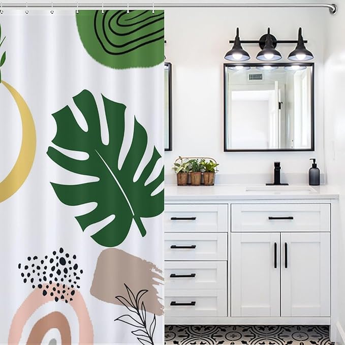 Boho Shower Curtains Funny Black Cat Abstract Green Leaf Arch Sun Moon Modern Minimalist Pattern Duty Fabric Shower Curtain Set Bathroom Polyester Waterproof with 12 Hooks, 55x72Inch（140x183cm）