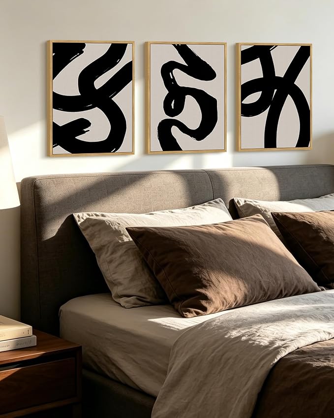 KUVIOKE Black Abstract Framed Wall Art Ink Wash Minimalist Lines Canvas Painting Artwork for Bedroom Hallway 12x16in (Natural Framed)