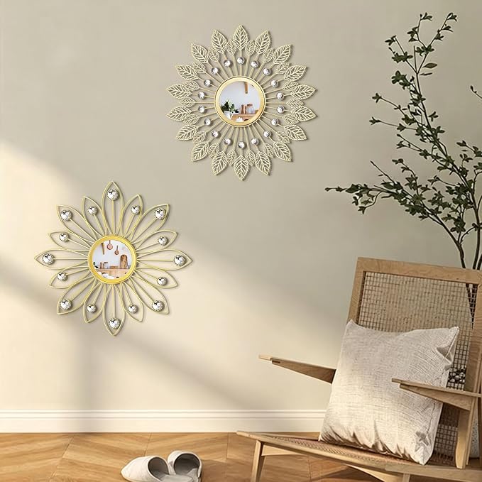 2 Pack Metal Mirrors for Wall Boho Sunburst Wall Mirror Home Decor Modern Decorative Wall Art for Bedroom Living Room Entryway