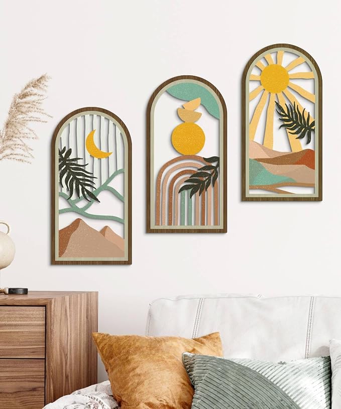 Putuo Decor Boho Wall Art Set of 3, Modern Minimalist Wooden Wall Decor, Nature-Inspired Abstract Aesthetic Room Decorations, Mid-Century Artwork for Living Room, Bedroom, Office (White, 16×8 in