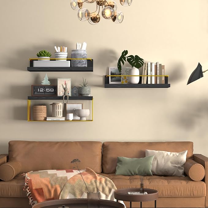 Bathroom Shelves Over Toilet for Wall, Floating Shelves with Storage Basket Paper Holer for Kitchen Living Room, Bedroom & Classroom, Set of 3 (Black and Gold)