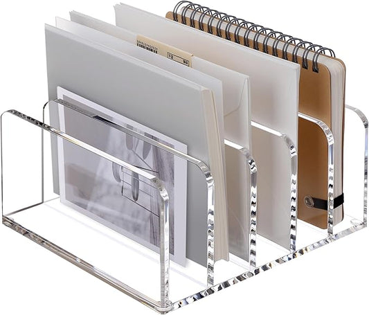 SANRUI Acrylic Desk Organizer, 5 Compartments Mail Organizer,Small File Holders Letter Organizer,Clear Office Organization,Multifunction Sorter Envelope Rack for Office,Home, School