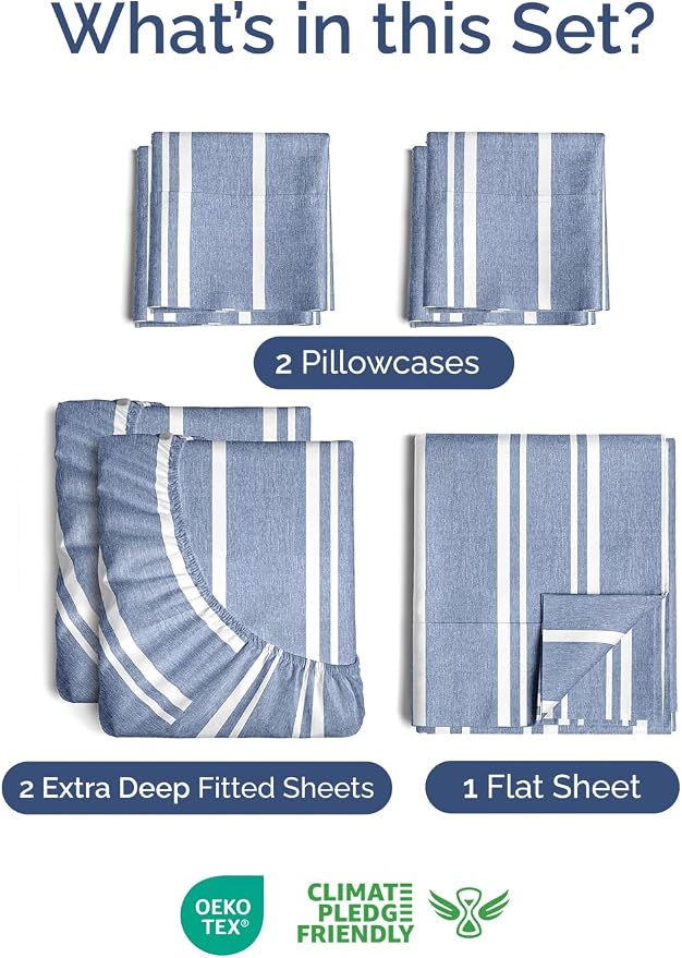 Extra Deep Split King Sheet Set - 7 Piece Breathable and Cooling Sheets - Hotel Luxury Bedding for Women, Men, Kids & Teens - Secure Fit - Soft and Wrinkle Free with Extra Deep Pockets - Blue Stripes
