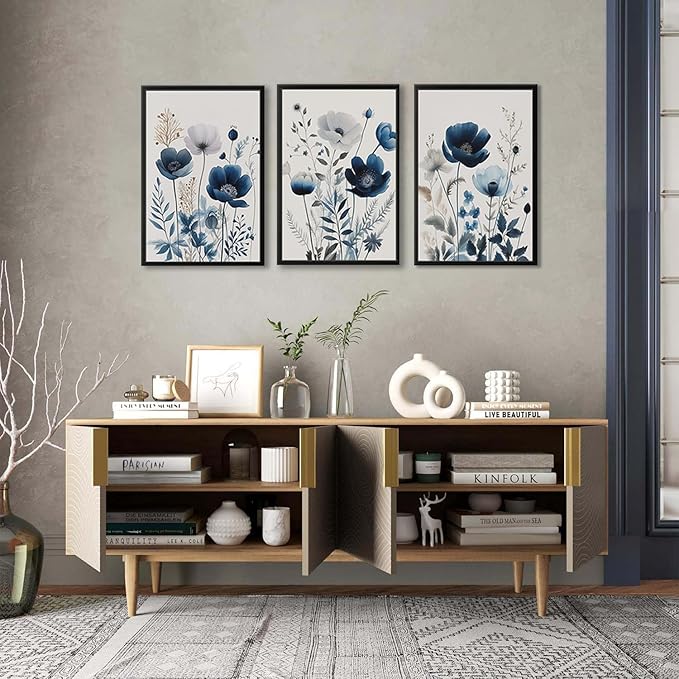 BingruiArt Navy Blue Wall Art Canvas Abstract Floral Painting Blue and Gray Posters Watercolor Flower Decor Wildflower Pictures Botanical Prints for Living Room Bedroom Bathroom 3 Pcs 16"x24" Black Framed