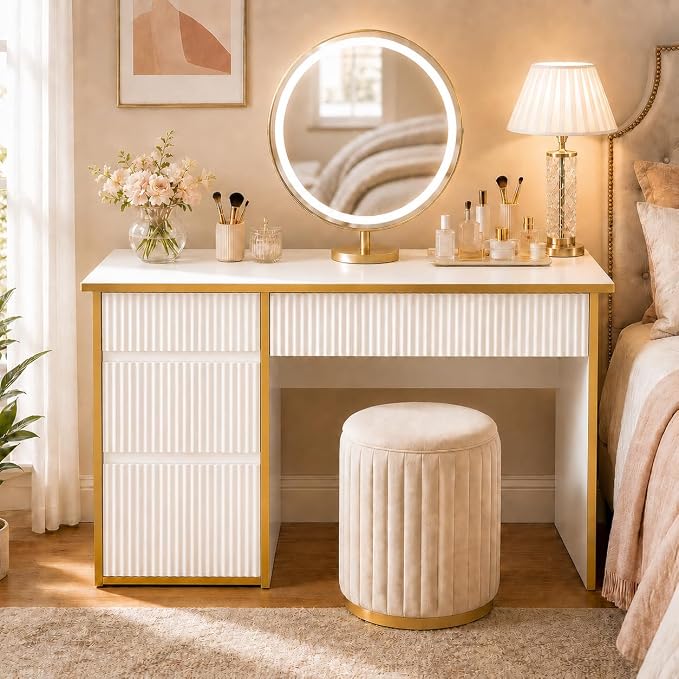 4 EVER WINNER White Desk with Drawers, 47'' Computer Desk with 4 Drawers for Small Spaces, Small Office Desk with File Drawer for Study Room, Bedroom, White and Gold Desk