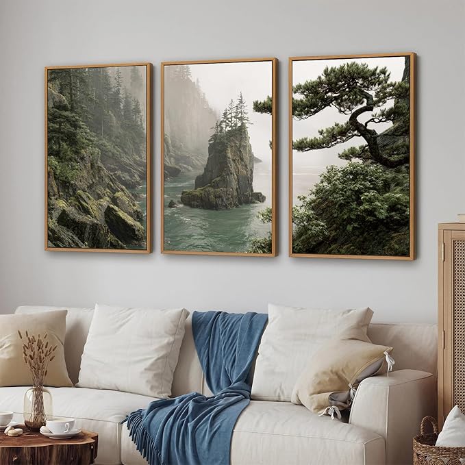 Rantodecor Coastal Forest Framed Canvas Wall Art, Pacific Northwest Coast landscape Wall Decor, Nature PNW Mountain Sea Art Paintings, Sage Green Pine Artwork for Bedroom Living Room Office 16"x24"x3
