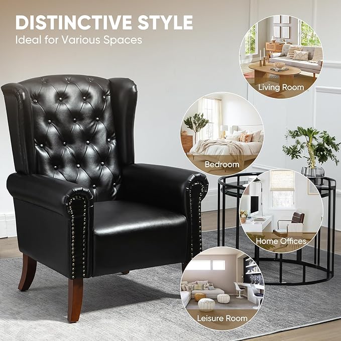 MOJAY Faux Leather Accent Chairs Set of 2, Mid-Century Modern Living Room Chairs Upholstered Club Arm Chair, Single Sofa Chair with Solid Wooden Legs for Bedroom Study Home Office Lounges (Black)