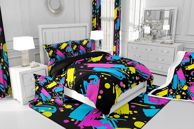 Memphis Style Duvet Cover Full Abstract Colorful Design With Dots Funky Bedding Set for Kids Child Girls Vintage Eighties Comforter Cover Memphis Fashion Bed Sets 80'S Style Retro 1980S Home Decor