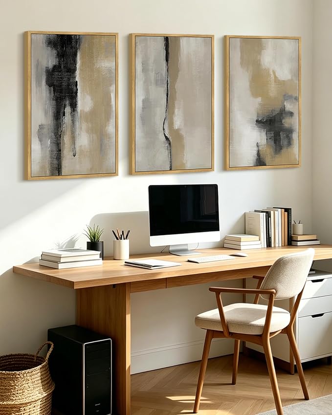 KUVIOKE Black Gray Abstract Framed Wall Art Neutral Wall Decor Minimalist Modern Illustrations Art Print for Living Room Bedroom 16x24in (Natural Framed)